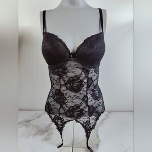 Collection Escante Black Lace Corset Push Up Bra w Garters, Sz M/L